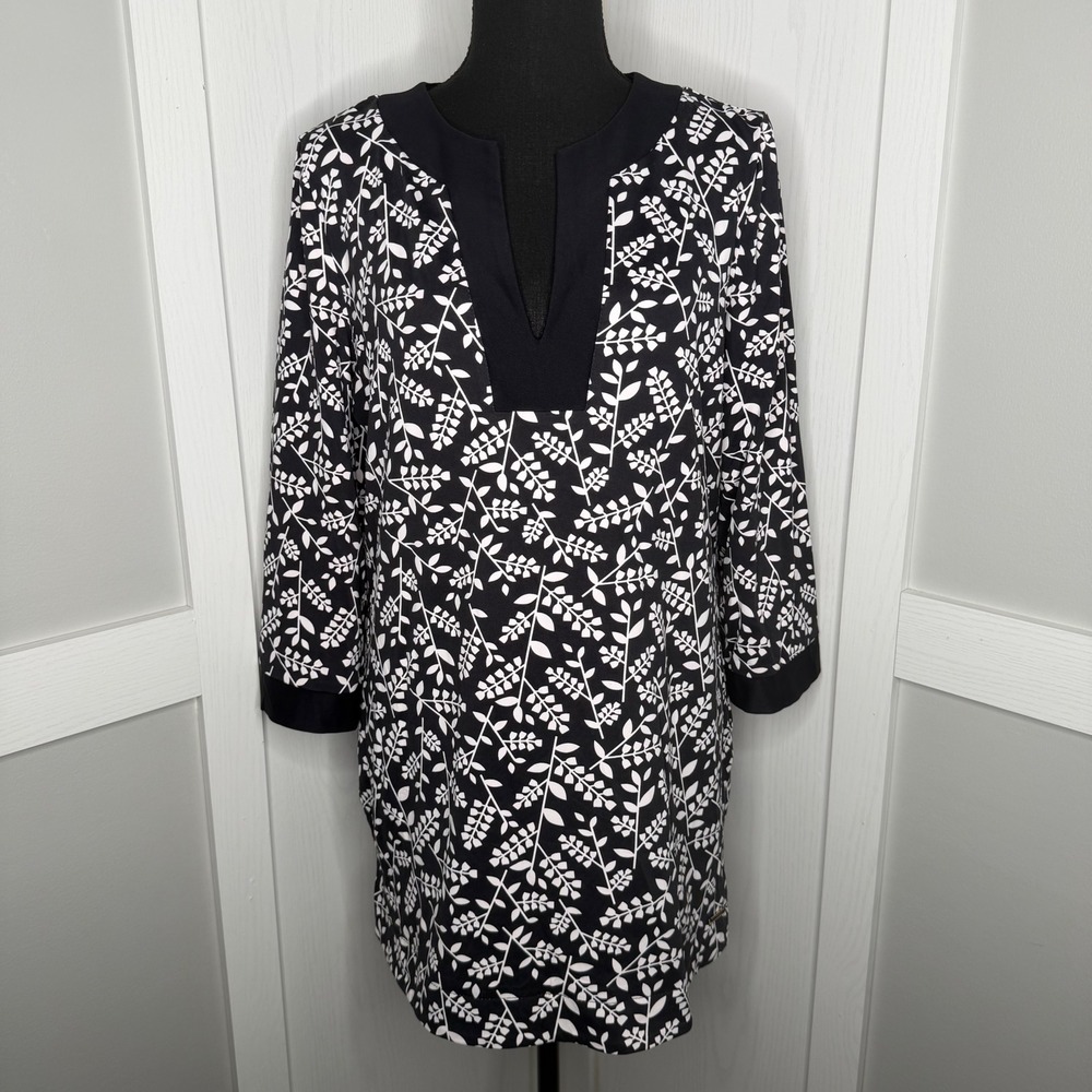 Anne Klein Tunic Top Womens M Black White Floral Stretch Split Neck 3/4 Sleeve